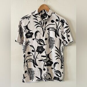 Express Black and White Men’s XS Floral Print Linen-Blend Button-Down Shirt